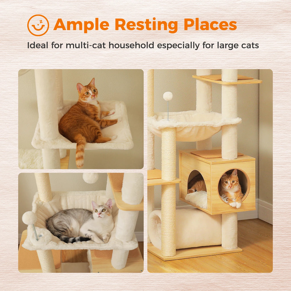 Floor to Ceiling Cat Tree with Scratching Posts Spacious Condo Hammock Tunnel Indoor Height Adjustable Wooden Cat Tower Cat Toys