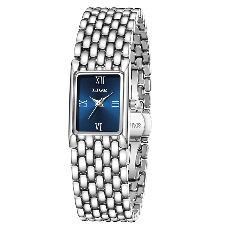 LIGE Light Luxury Retro Rectangle Classic Watches For Women Fashion Stainless Steel Womens Watch Vintage Quartz Wristwatches+Box