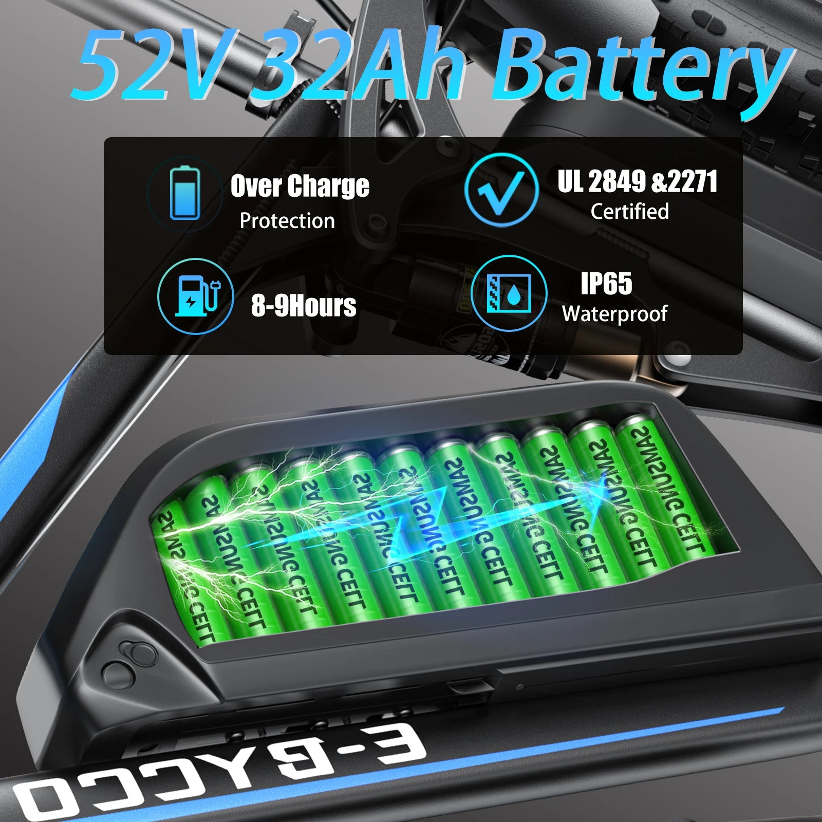 E-BYCCO  5000W Peak/4000W Dual Motor Electric Bike , Up to 45MPH Speed E-Bike,100-Mile Range, IP65 Waterproof, 52V 32Ah Remova