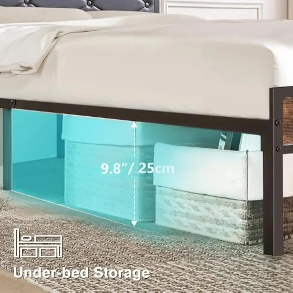 LED Queen Size Bed Frame with Headboard & Foot board and  USB Charging Station, Storage, Noise Free, No Box Spring Needed
