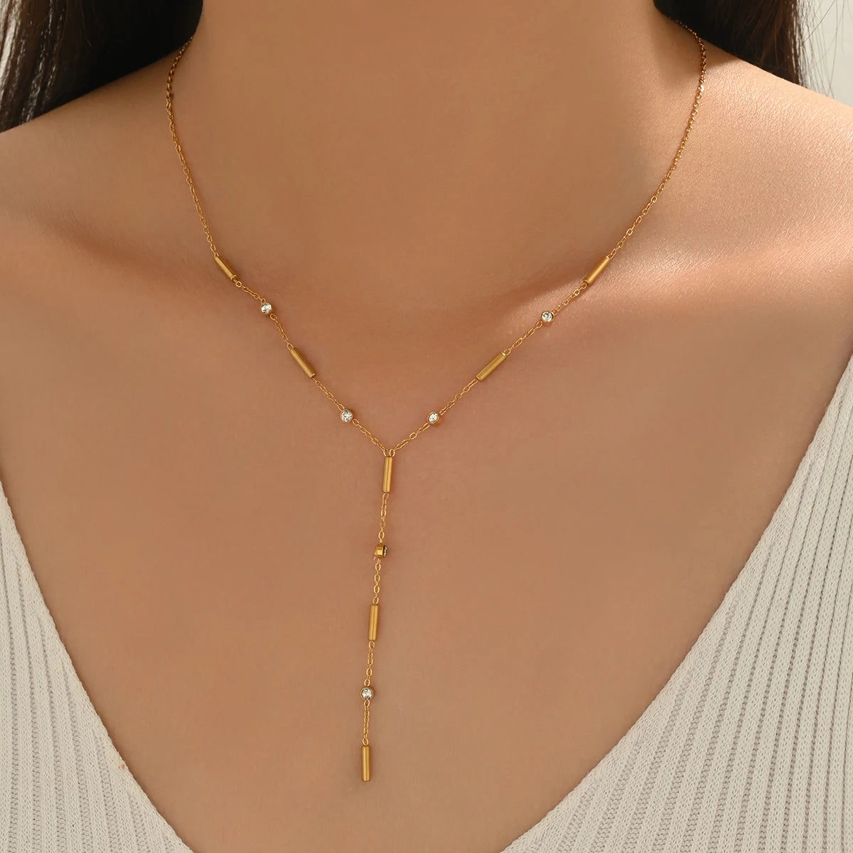 Lxalry 18K Gold Plated Stainless Steel Y Lariat Necklace for Women – Dainty Minimalist Design with Zircon Accents – Waterproof,