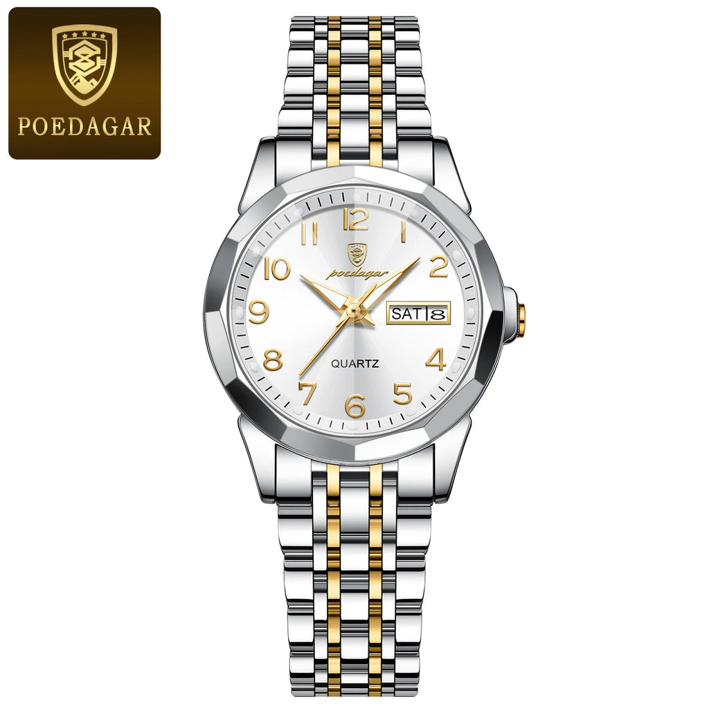 POEDAGAR Fashion Ladies Watch Waterproof Luminous Date Week Watch for Woman High Quality Stainless Steel Women's Quartz Watches