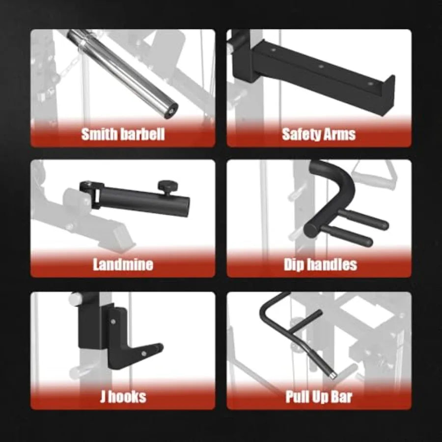 Smith MachinePower Cage Squat Rack with LAT Pull Down System Dipping Bar MultiFunction Linear Bearing Cable Crossover Machine f