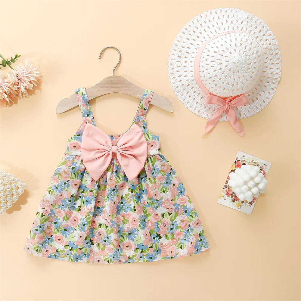 Baby Girl Dresses Summer Floral Cotton Suspender Dresses Cute Bow Girls Dresses Beach Dresses With Hats Baby Clothes Girls