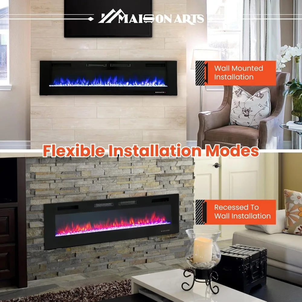 72" Wall Mounted Electric Fireplace Heater for Indoor Use - Faux Fireplace Insert with Remote Control, Space Heater for Bedroom