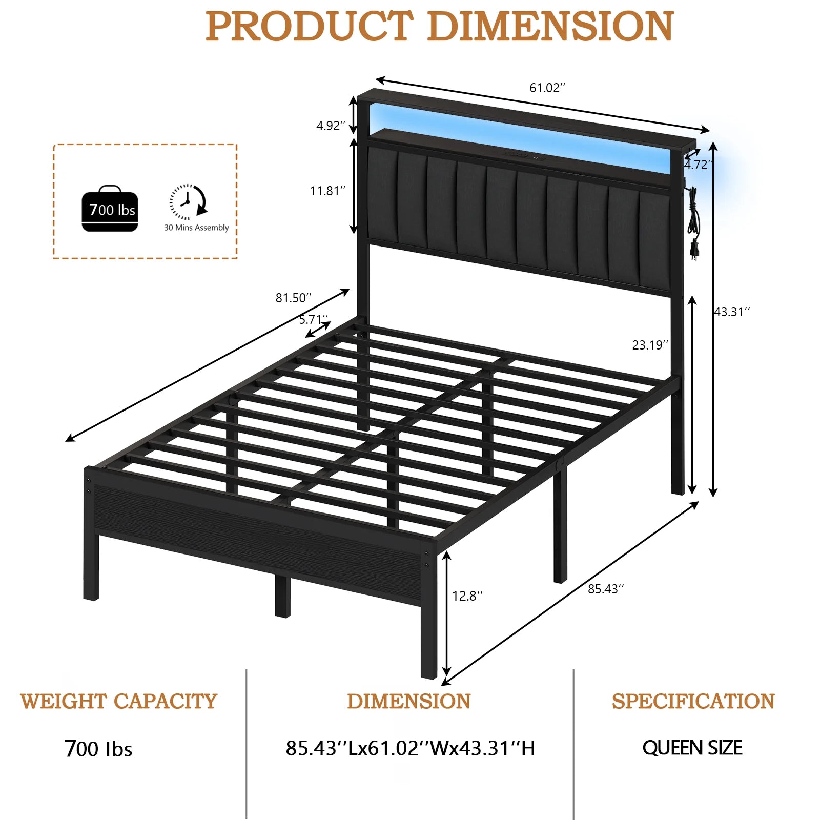 Full/Queen size bed frame with charging station, LED bed frame, headboard with frame, platform bed frame, soft cushion bed frame