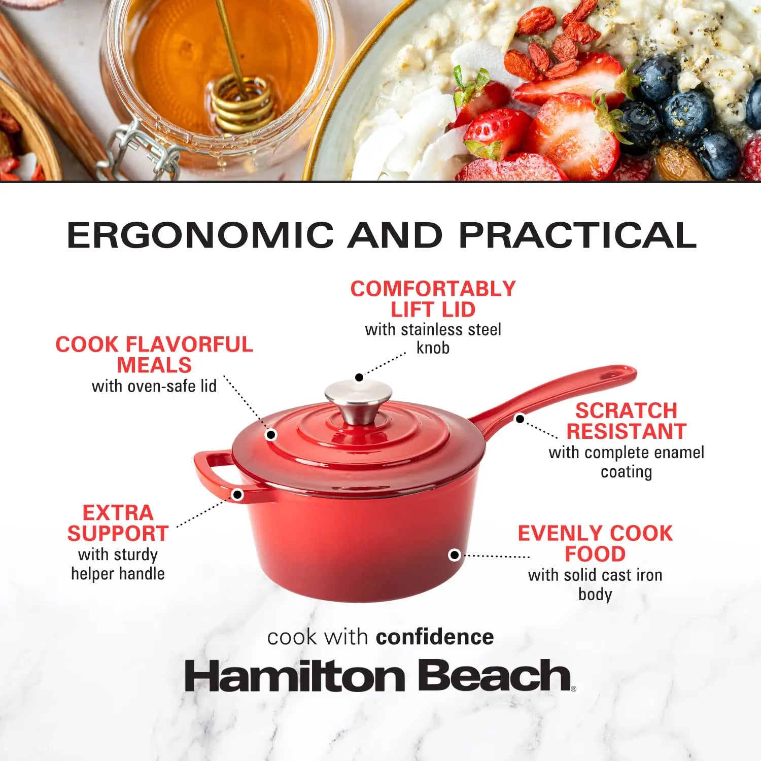 Enameled Cast Iron Saucepan 2 Quart Sauce Pan Nonstick Enamel Coating Pot For Stove Top and Oven Cooking Even Heat Distribution