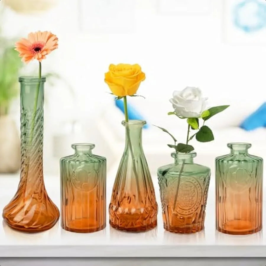 Vintage Glass Bud Vases Set of 5 Gradient Green Small Flower Vases for Wedding Party and Home Decoration