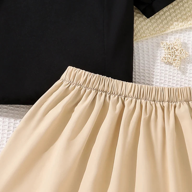 Kids Clothing Sets For Girls 8-12 Years Adorable V-neck Puff-sleeve T-shirt & Bow-knot Pleated Skirt 2 Pieces Set Summer Outfit