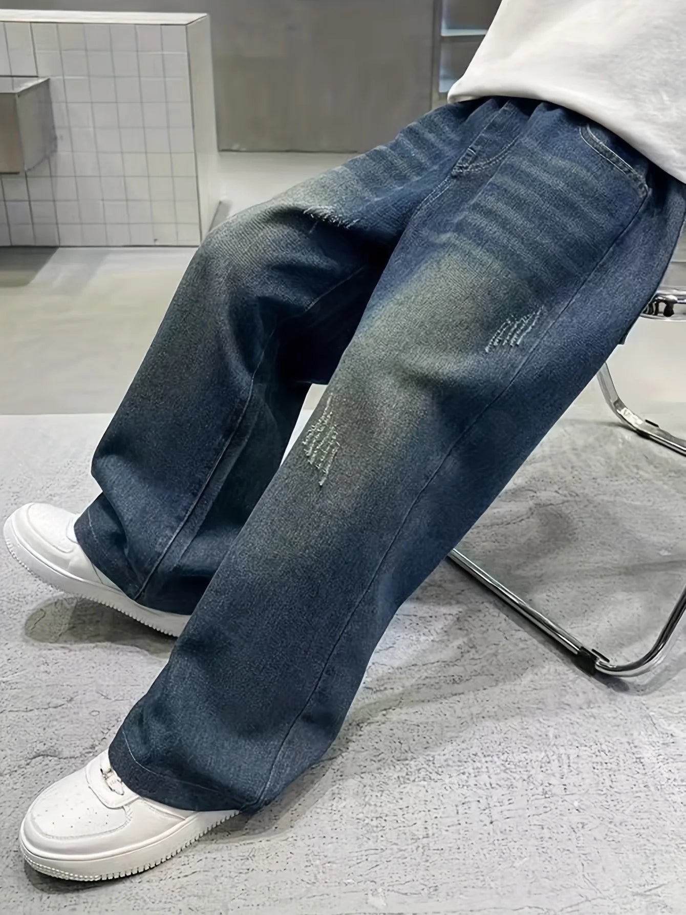 Vintage-washed gradient wide-leg straight-leg relaxed-fit preppy-style long denim jeans for teenage