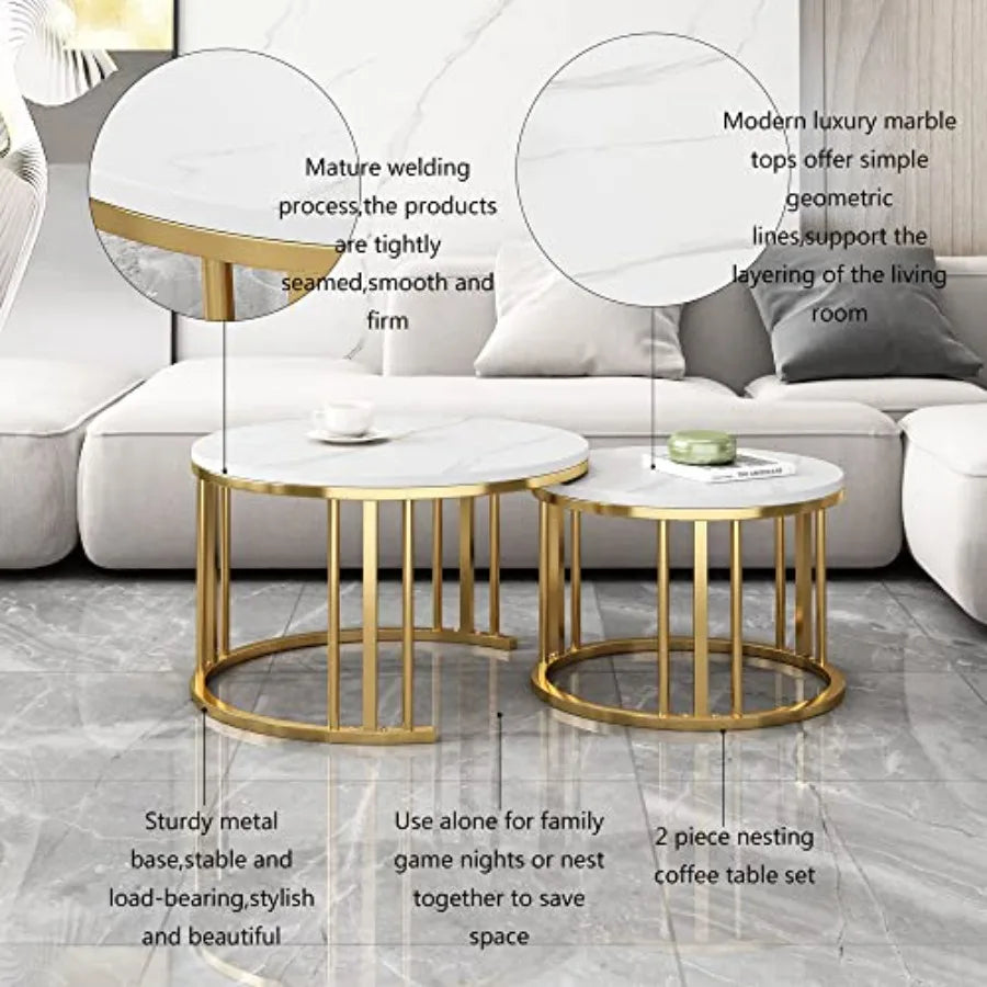 Round Nesting Coffee Table Set of 2 Modern Cocktail Table with Metal Frame for Living Room Small Spaces White and Gold Desktop