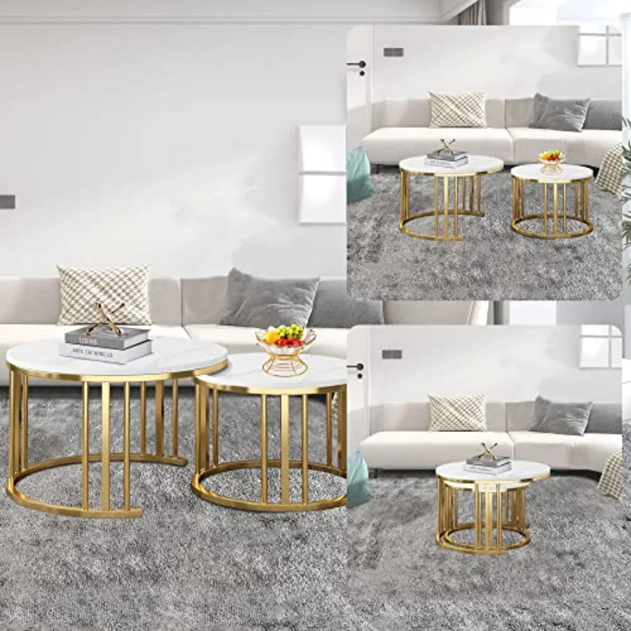 Round Nesting Coffee Table Set of 2 Modern Cocktail Table with Metal Frame for Living Room Small Spaces White and Gold Desktop