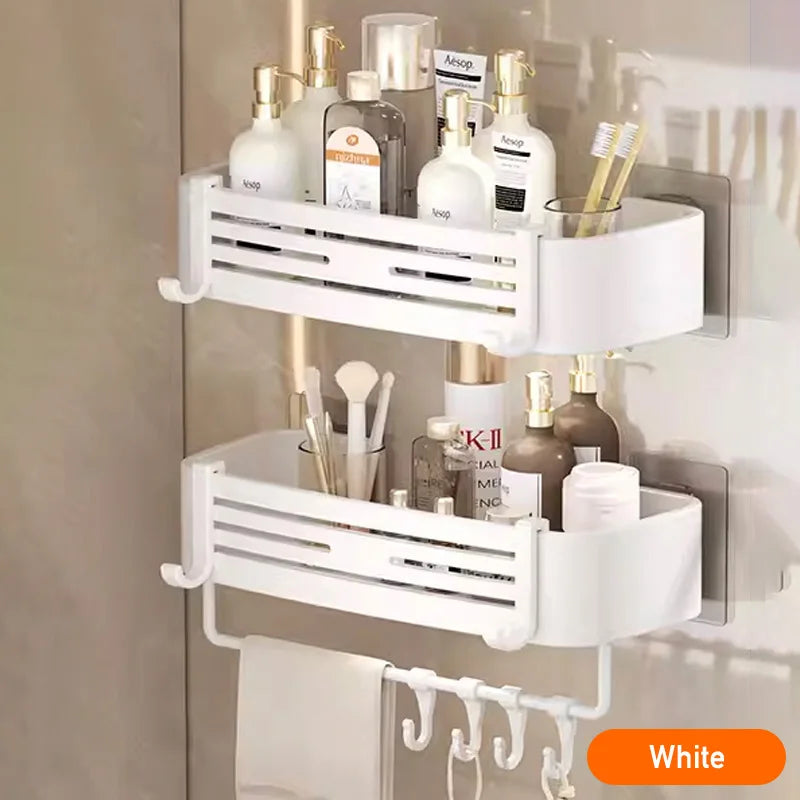 White Self-Adhesive Bathroom Shelf Storage Organizer Towel Holder Hook Wall Mounted Aluminium Corner Bathroom Shelves No Drill