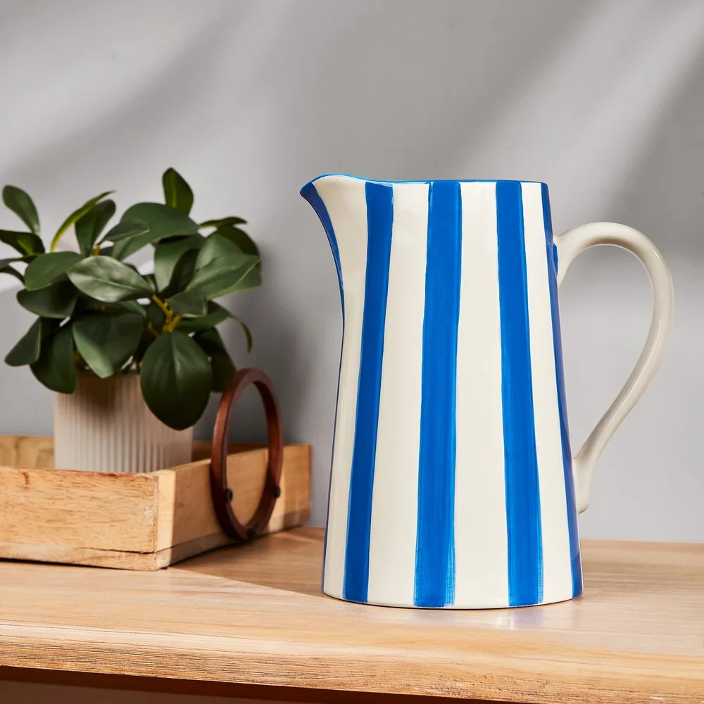 Handcrafted Ceramic Blue Stripe Pitcher Vase Elegant Home Decor Fresh and Artificial Flower Arrangement