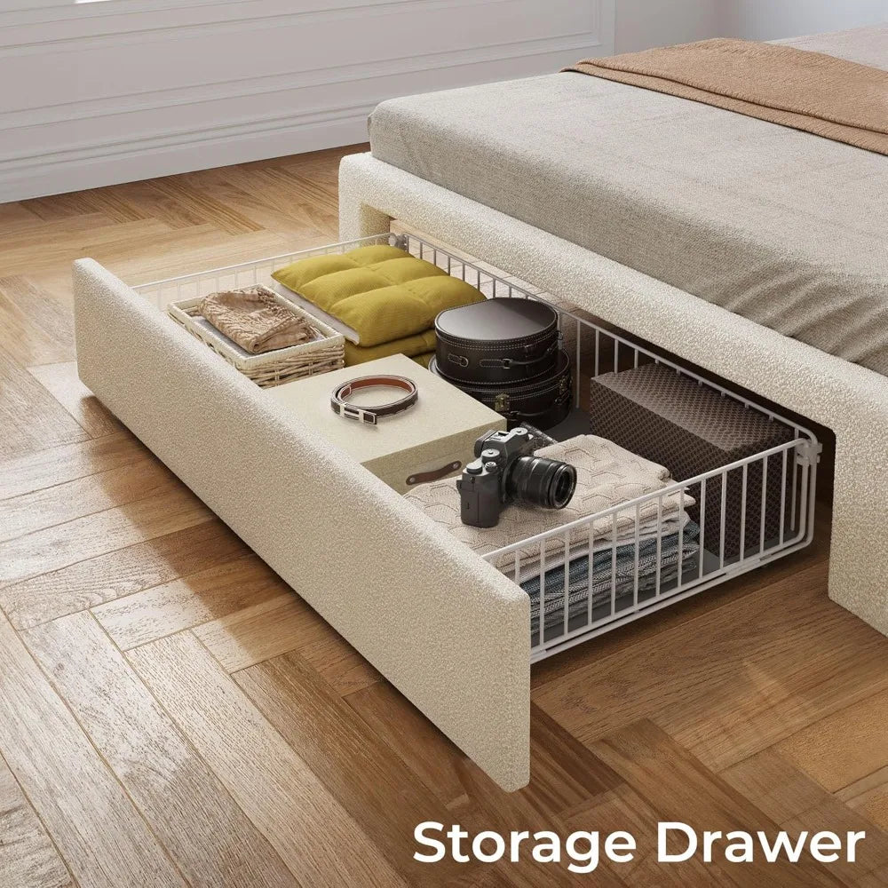 Twin Bed Frame with Drawer, Storage Headboard with Charging Station and LED Lights, Upholstered Bed