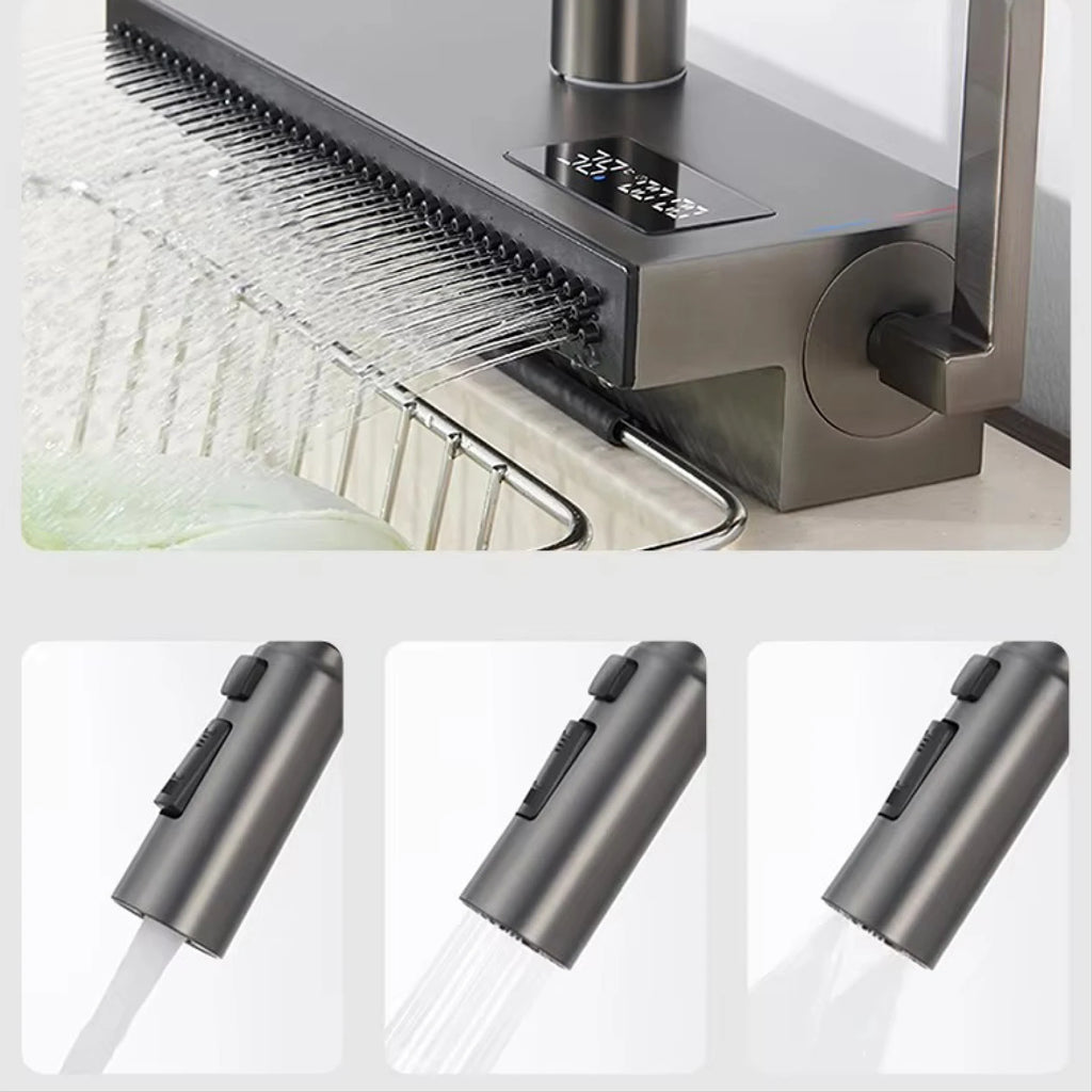Luxury Gunmetal Brass LED Digital Display Kitchen Faucet 1 Hole Pull-out with 2 Modes Ceramic Valve Core Hot&cold Water Sink Tap