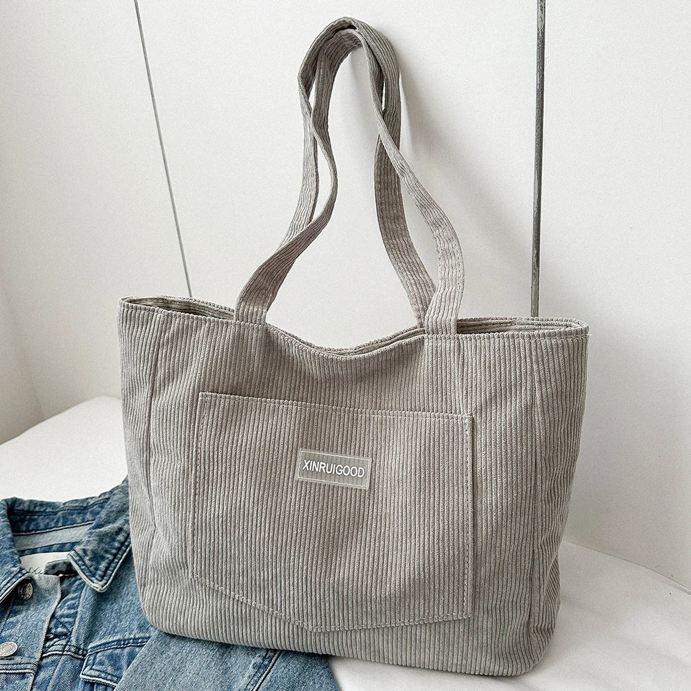 Women Large Capacity Shoulder Bags with Pockets Compartments Cord Tote Bag Solid Hobos Bag for School Work Shopping