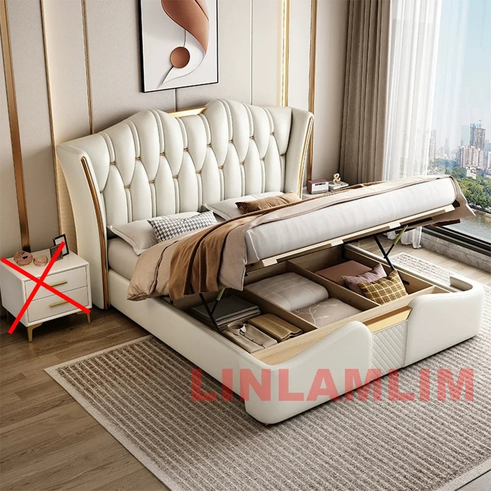 Linlamlim Luxury Modern Upholstered Bed Frame with Gold Accents, Genuine Leather Designer Bed, Queen/King Size Bedroom Furniture
