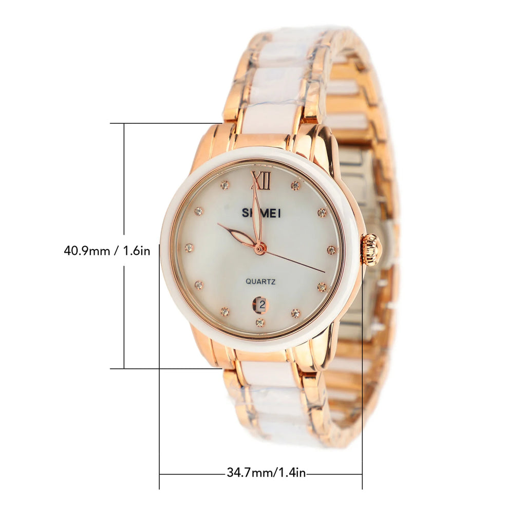 Women Quartz Watch Rhinestone Decoration Ceramic Stainless Steel Band Water Resistant Portable Wrist Watch with Date Rose Gold