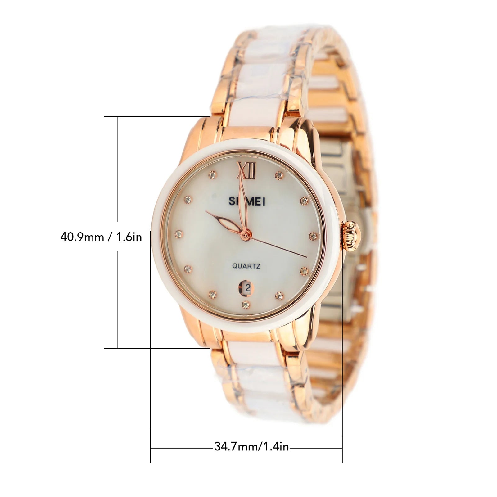 Women Quartz Watch Rhinestone Decoration Ceramic Stainless Steel Band Water Resistant Portable Wrist Watch with Date Rose Gold