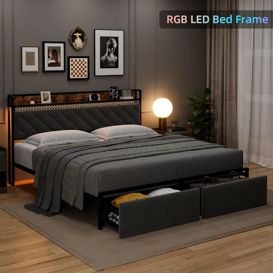 Queen Bed Frame with Headboard and 2 Drawers Metal Platform with USB Ports and Outlets Led Lighting NoiseFree Design No Box Spr