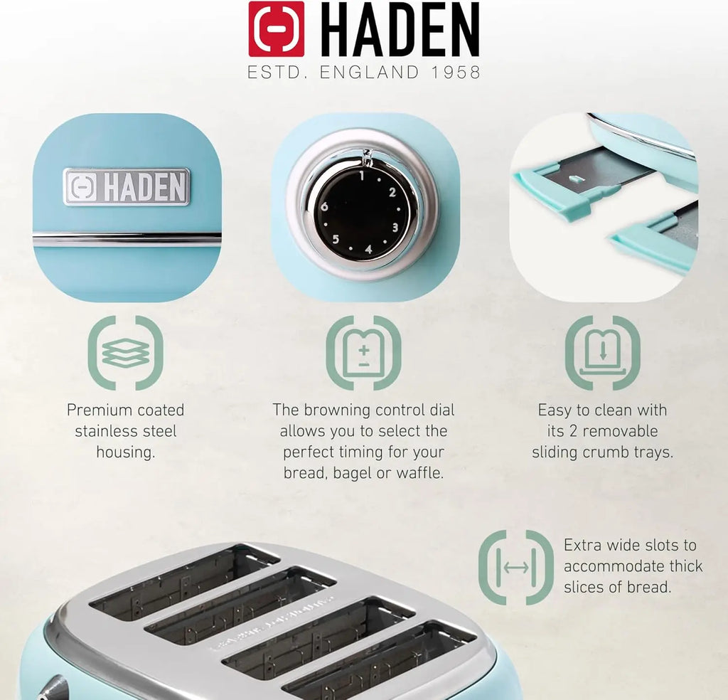 Heritage 4 Slice Wide Slot Stainless Steel Toaster Electric Water Kettle Turquoise And Chrome 1.7 Liter Kitchen Bundle