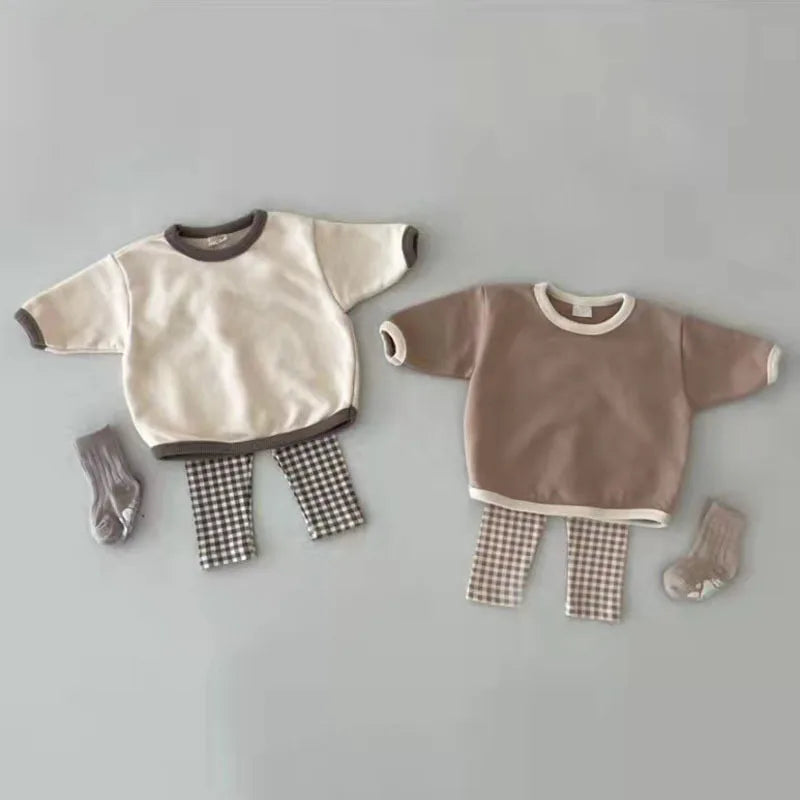 Autumn New Baby Long Sleeve Clothes Set Infant Solid Casual Sweatshirt Set Boys Girls Plaid Pants Outfits Children 2pcs Suit