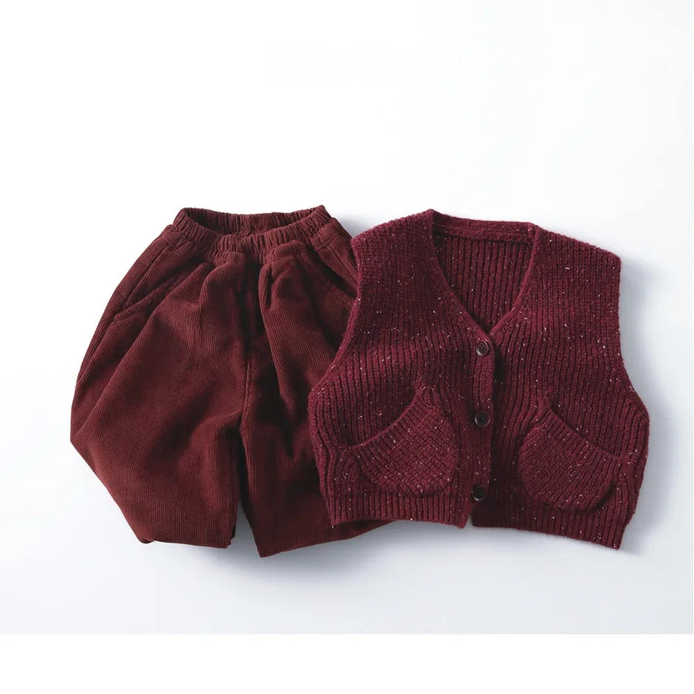 Baby Girls Boys 1-6Y Kids Girl Clothes Burgundy Knitted Cardigan Vest Soft Woolen Fabric Pocket Detail Casual Daily Wear Sweater