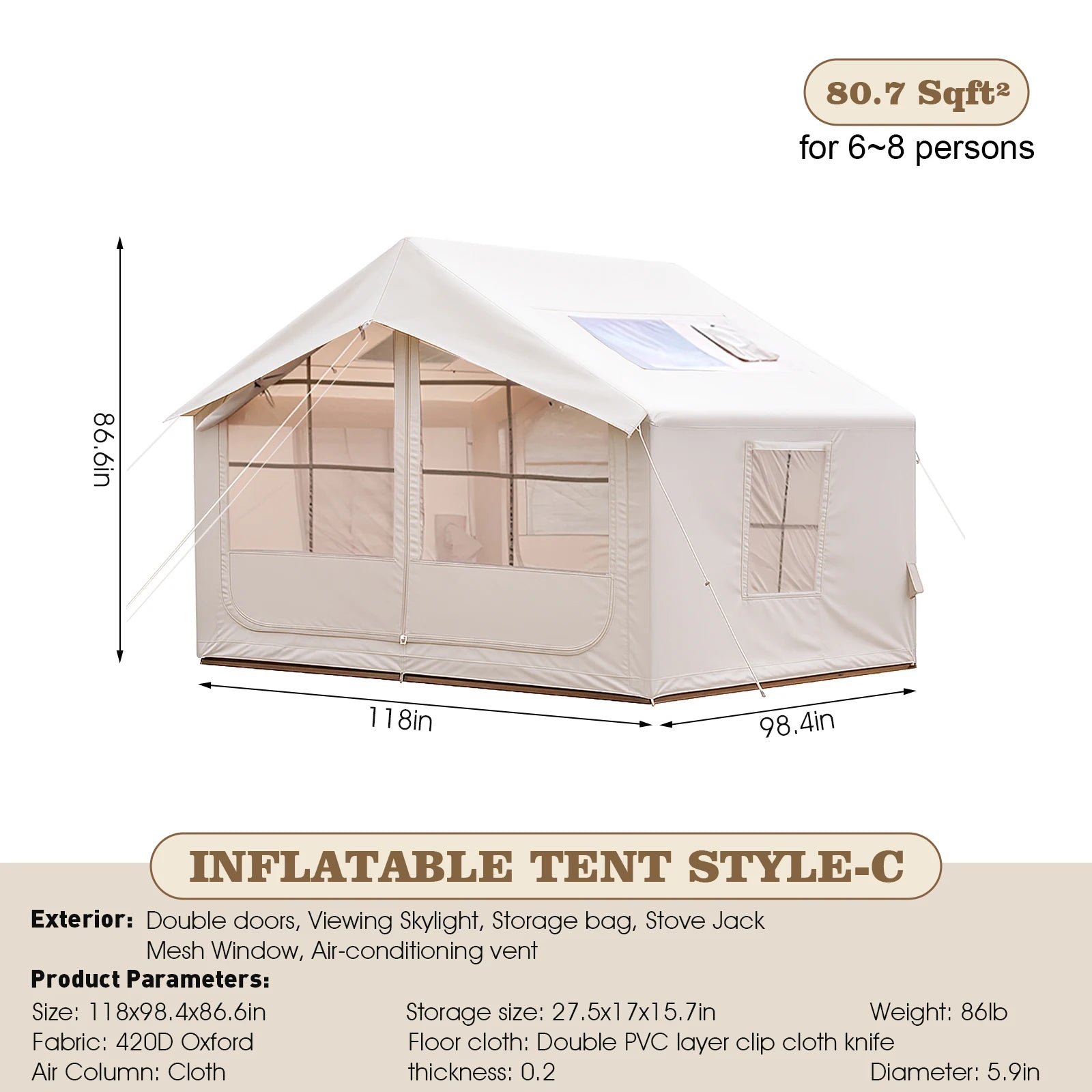 80.7 Square Feet Inflatable Tent with Air Conditioning Vent,4 Season Glamping Blow up Tent for Camping,Waterproof Oxford Fabric