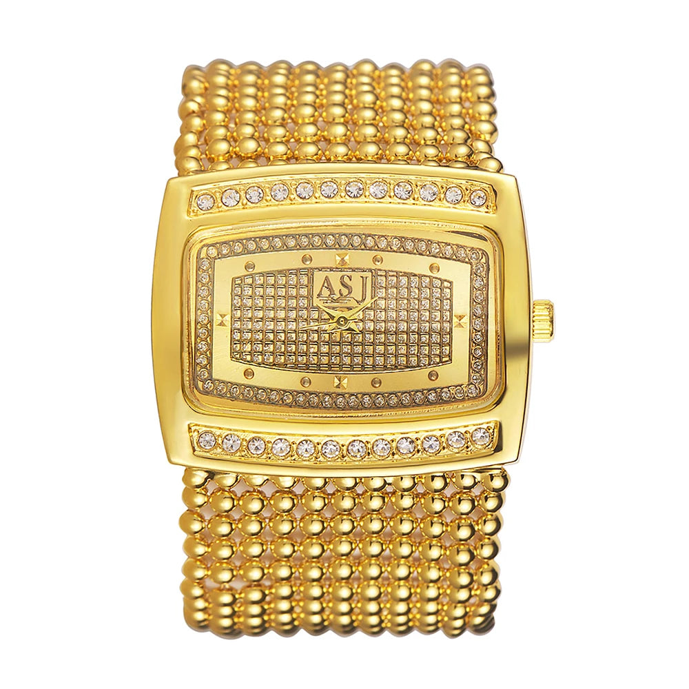 Lancardo Rectangular Diamond Gold Watch Large Dial Beaded Bracelet Simulating Quartz Exquisite Fashion Adjustable Jewelry Buckle