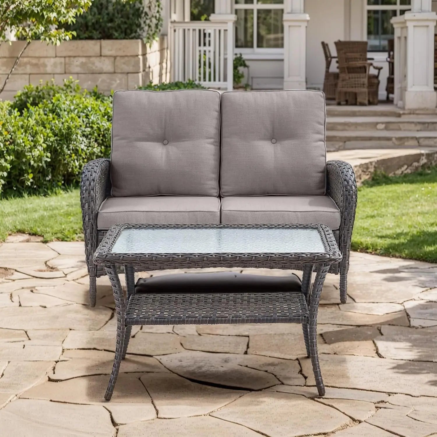 Outdoor Loveseat Sofa 2-Seat PE Wicker Outdoor Couch with Coffee Table, Deep Seat High Back Patio Furniture for Patio, Garden, P