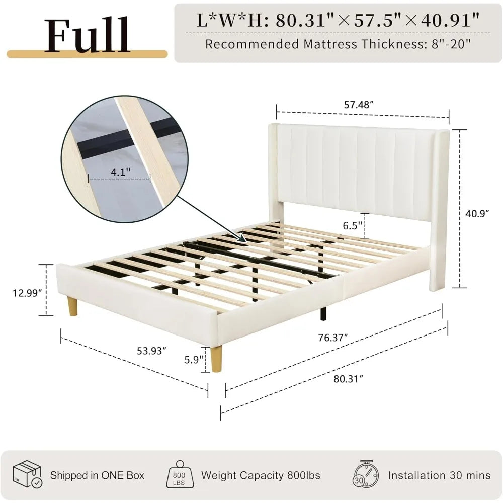 full size bed frame, velvet upholstered platform bed with vertical channel tufted wingback headboard, wooden slats support, no b
