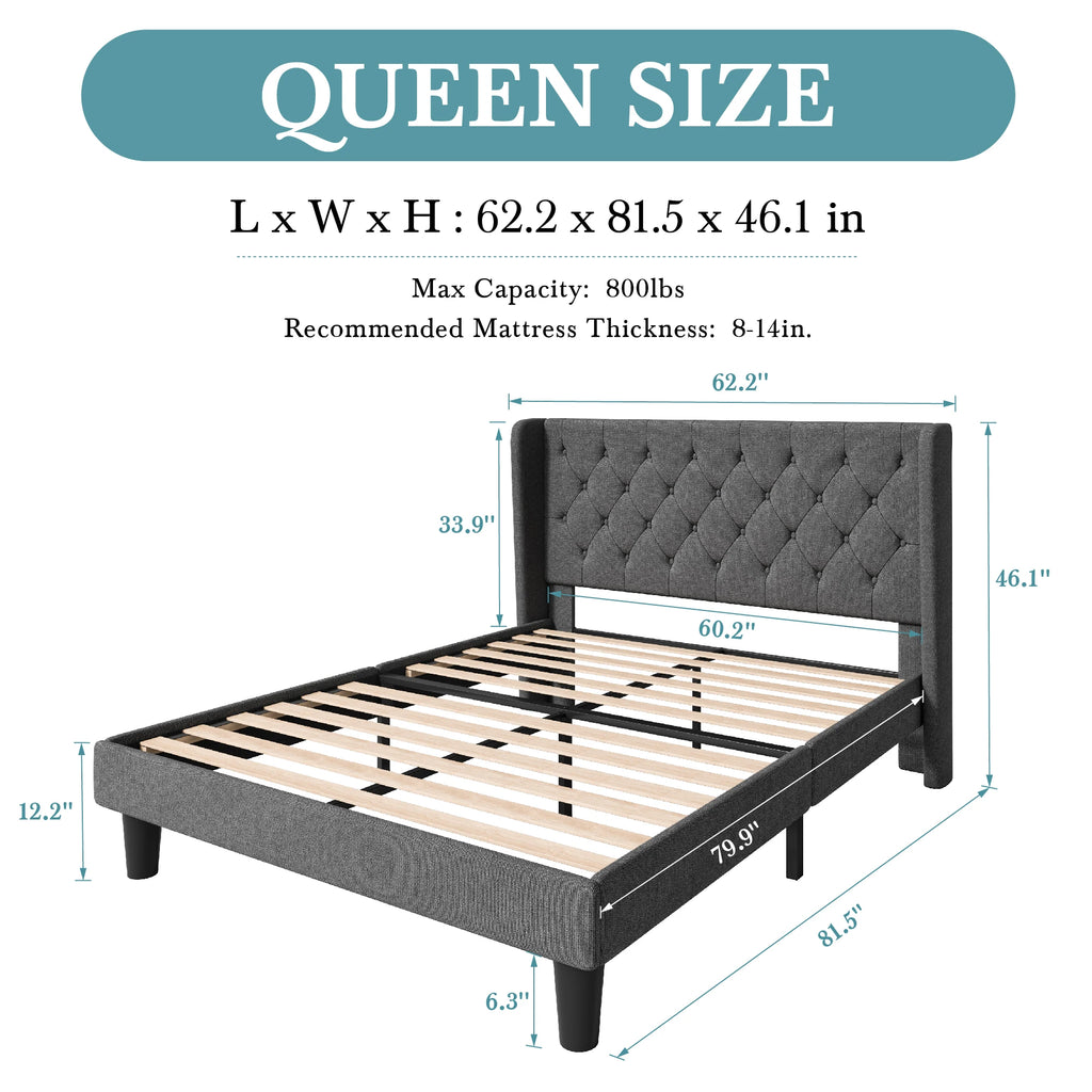 HOOMIC Classic Bed Frame with Button Tufted Wingback Headboard, Upholstered Platform Bed with Wooden Slats Support Allewie