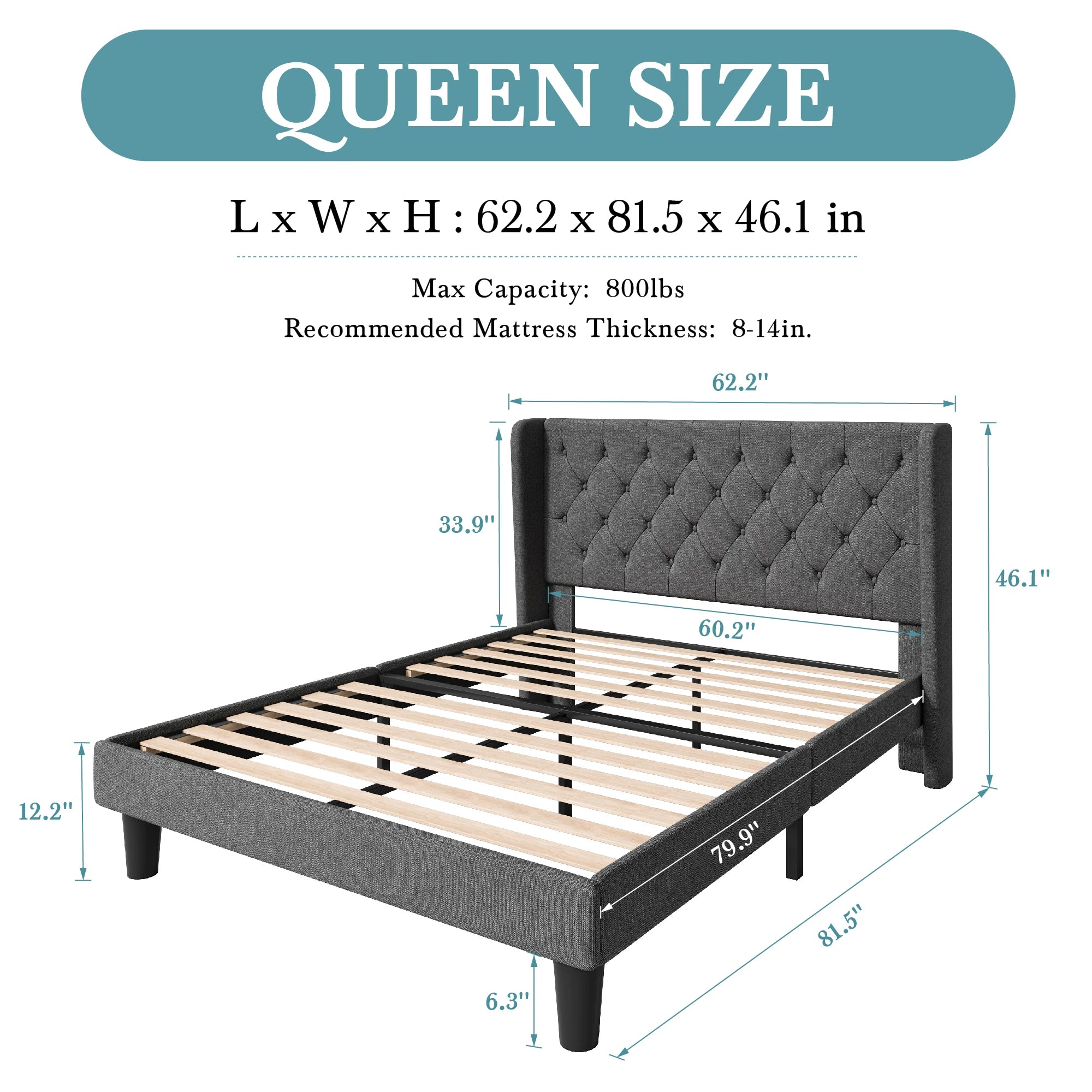 HOOMIC Classic Bed Frame with Button Tufted Wingback Headboard, Upholstered Platform Bed with Wooden Slats Support Allewie
