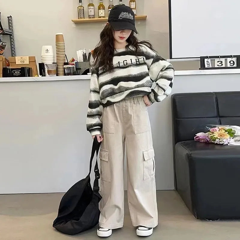 2025 autumn spring Girls clothes Sweatshirt Kids teens dress top Child striped letters hooded tracksuit 4 6 7 8 9 10 11 12 year