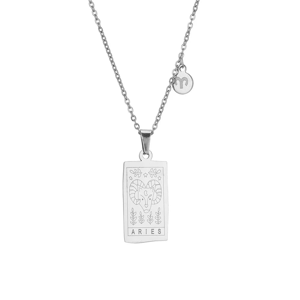 Stainless Steel Square Tarot Card Pendant Women Necklace Twelve Constellations Gold-Plated Clavicle Chain Horoscope Gifts