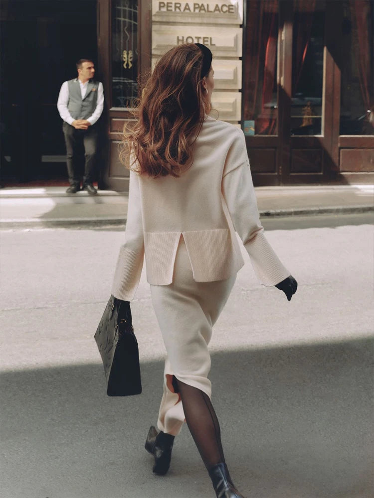 Knitted Sweater Set for Women Fashion 2025 Autumn and Winter New Arrival Elegant Loose Solid Color Sweater Open Front Skirt Set