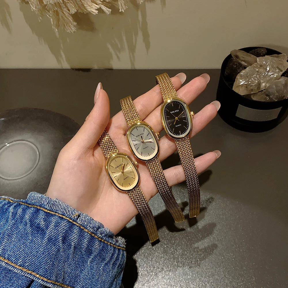 Gold Watches for Women Vintage Bracelet Wrist Watch Luxury Small Ladies Oval Quartz Watch