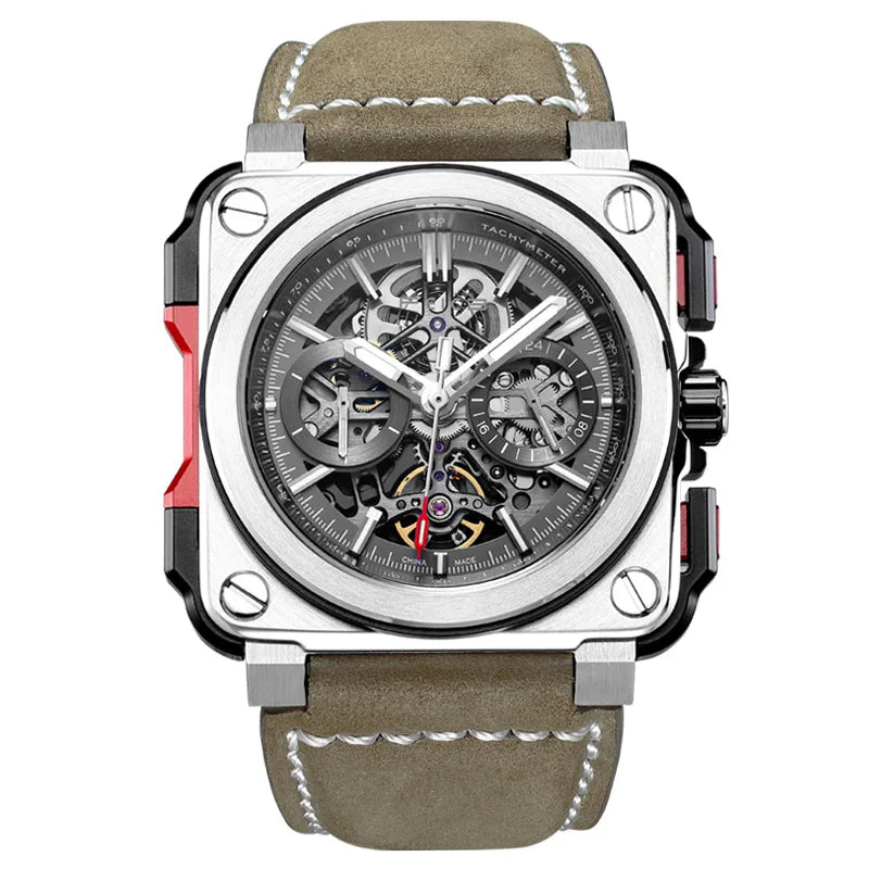 FEICE FM507 Men’s Automatic Skeleton Watch Mechanica Mens Wristwatch Square Sport Luminous Watches 10ATM Waterproof Watches