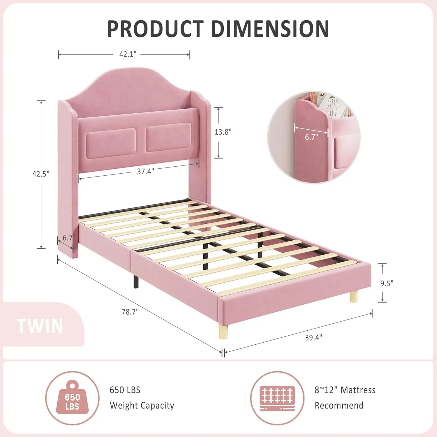 Upholstered Twin Bed Frame with LED Lights, Velvet Platform Bed Frame with Wing Back Storage Headboard, Wood Slats Support, No B