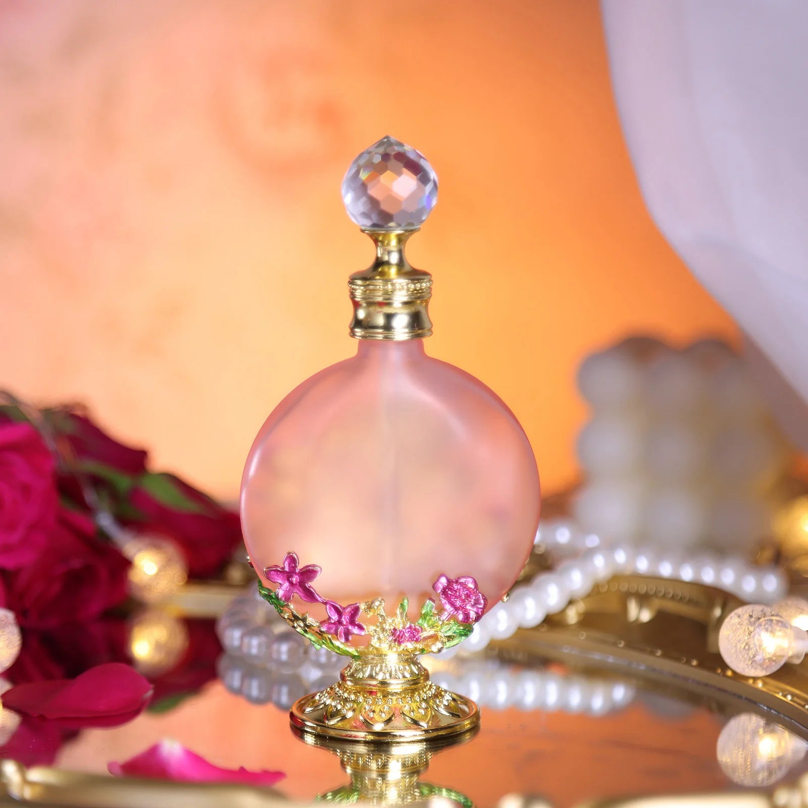 Decor Vintage Bottle Empty Glass Flat Vase Flower Bird Relief Golden Base Crystal Cap Perfume Essential 5" Ornament Beauty Gifts