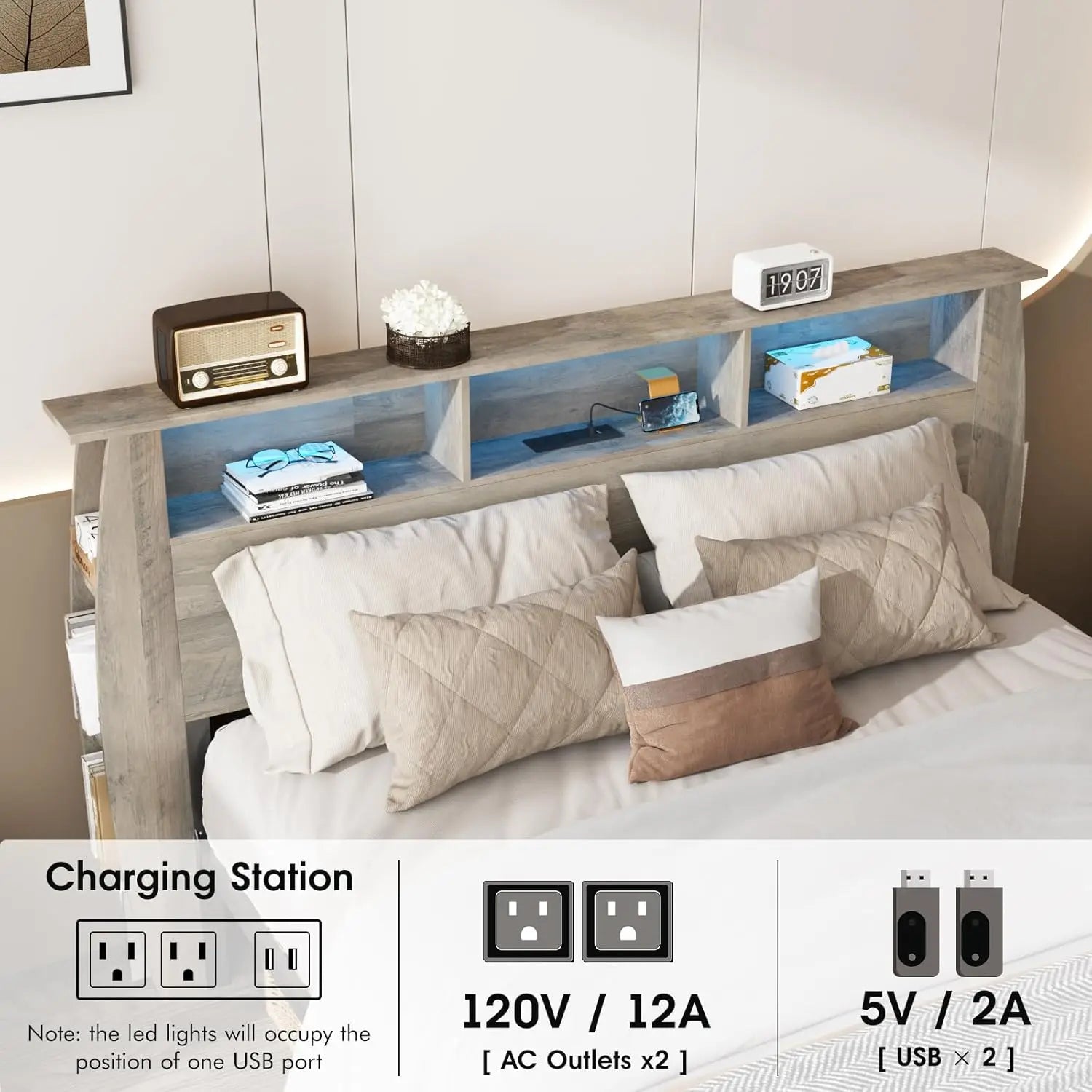 Vabches Bed Frame Full Size with 2-Tier Storage Headboard Wooden Platform Bed Frame with Charging Station&LED Light Noise-Free