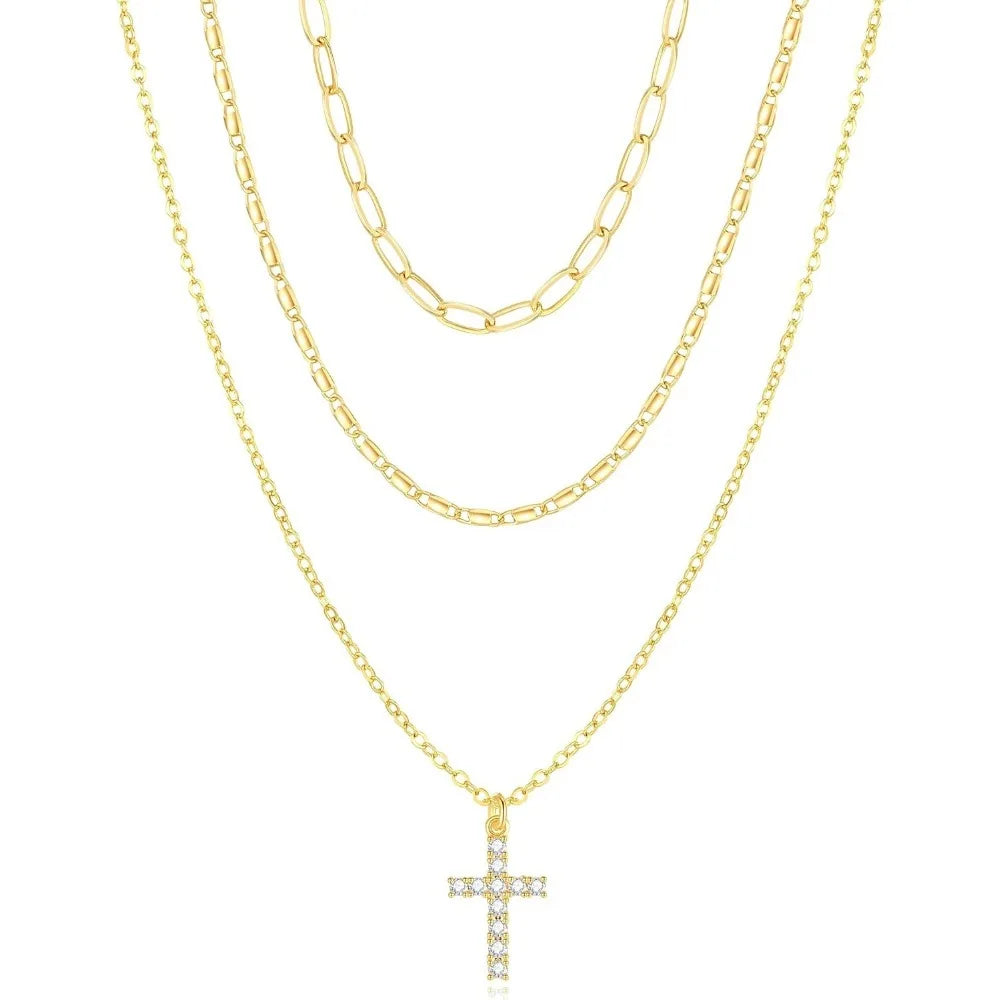 Layered Gold Necklace for Women, Trendy Stackable 14k Gold CZ Diamond Cross Pendant Necklace Jewelry, Paperclip Box Flat Necklac