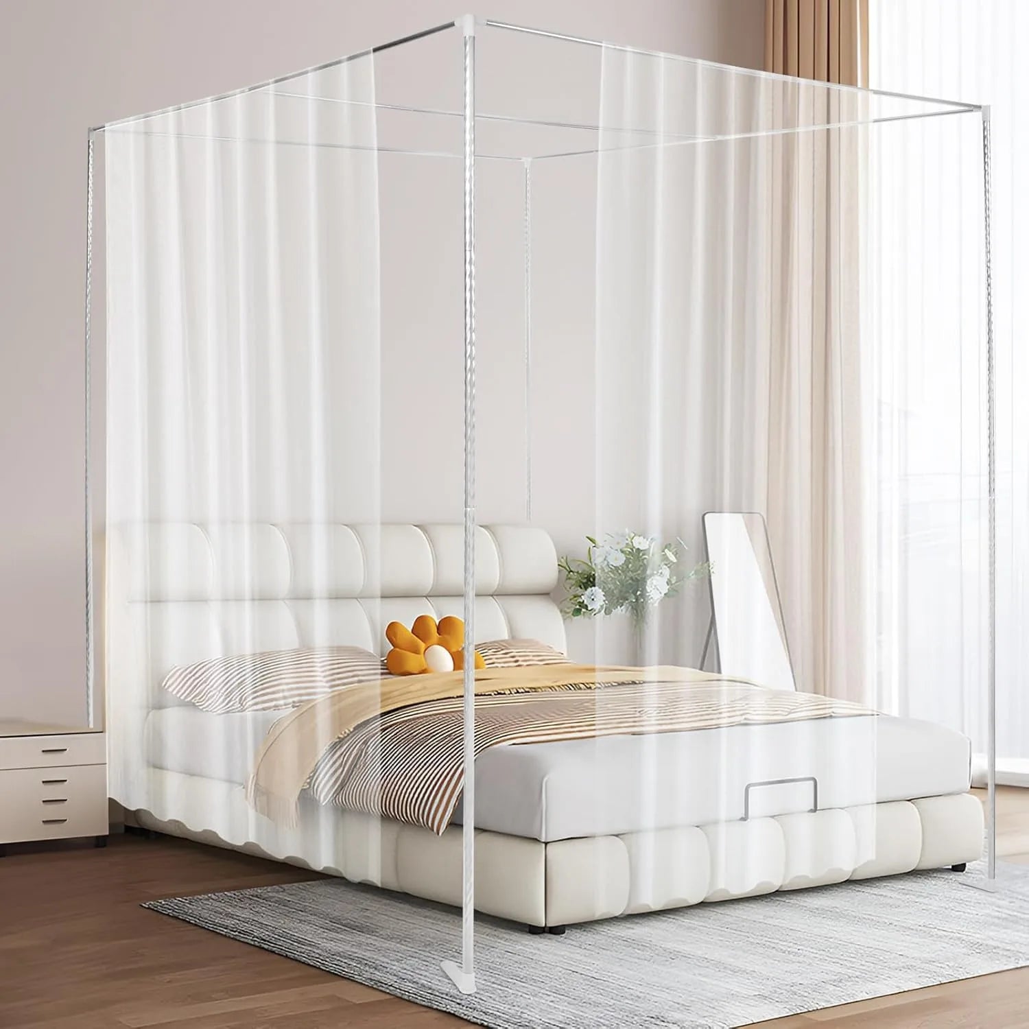 2*2*2m Bed Frame Column Full Size Stainless Steel Square Bed Mosquito Grid Beam Suitable for Metal Bed Wood Bed (Only Frame)