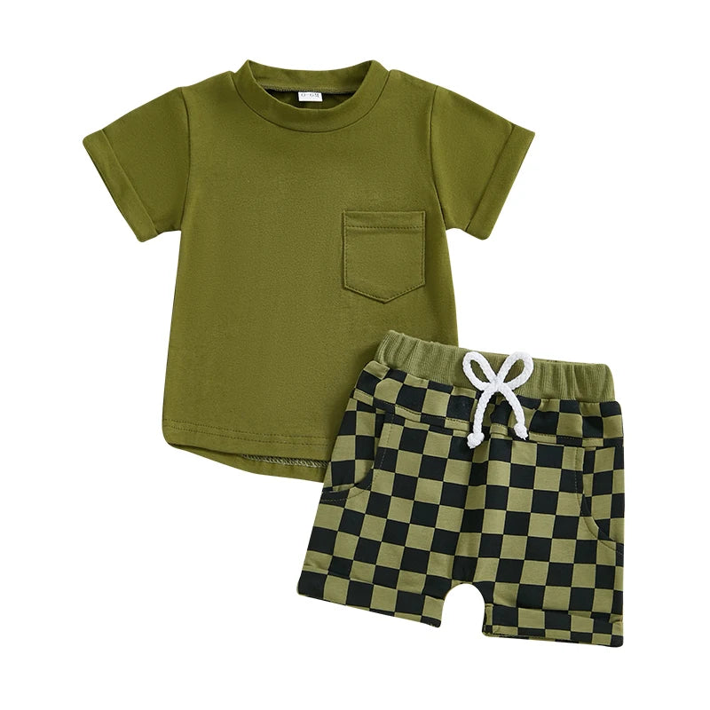 Cute Infant Boy Casual Wear Solid Color Tee and Plaid Shorts Set for Hot Weather 2 Piece Outfit for Toddlers