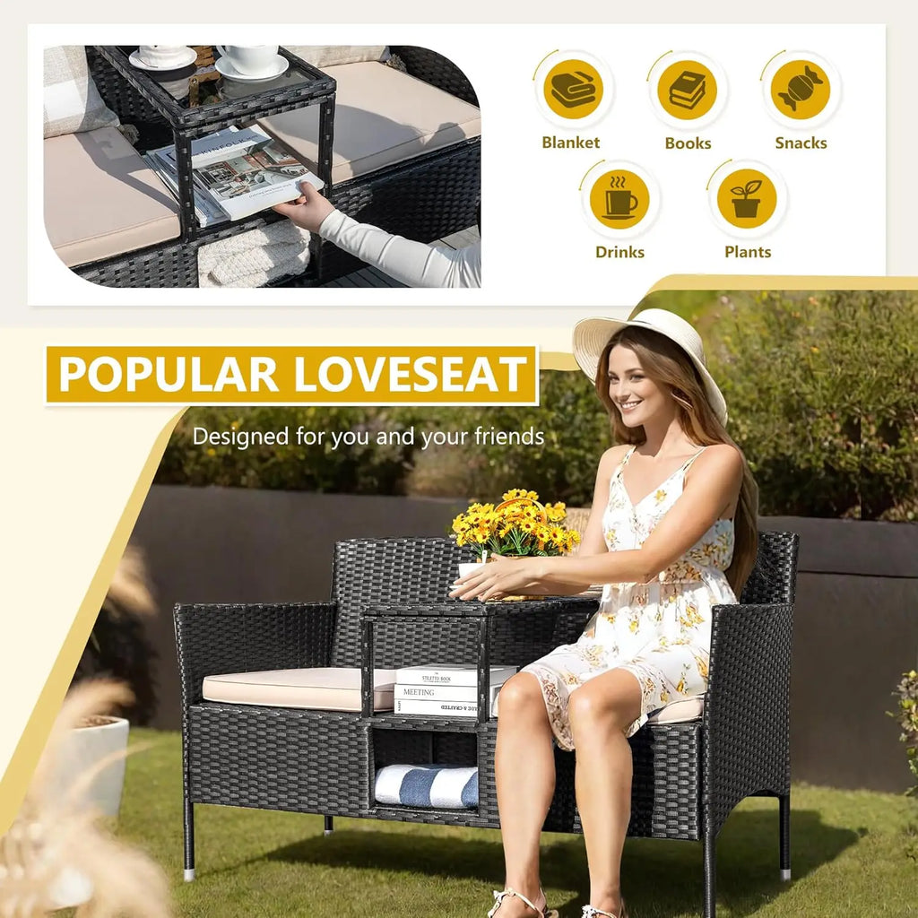 Outdoor Patio Loveseat Modern Rattan 2-Seat Patio Conversation Set with Cushions & Built-in Coffee Table Porch Furniture for Gar