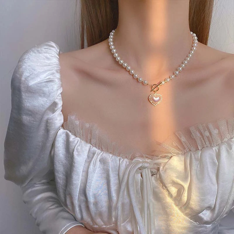 Imitation Pearl Love Necklace Cool and Sweet Simple Gold Pearl Necklace