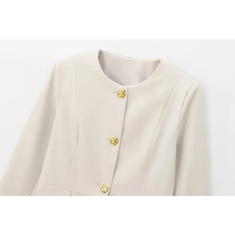 Women's Suit Set Business Formal Blazer & Pants Gold Button Jacket High Waist Straight Leg Office Wear Spring Wrinkle-Resistant