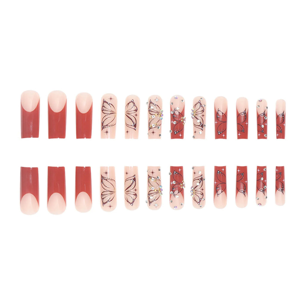 Ultra-long French False Nail Shiny Butterfly Elegant Reusable Artificial Nail for Women and Girl Nail Salon at Home