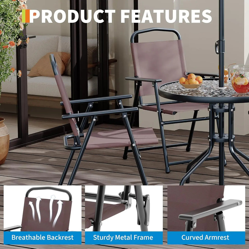 6 Piece Patio Dining Set for 4 with Umbrella, Outdoor Table and Chairs with 4 Folding Dining Chairs & Round Glass Table